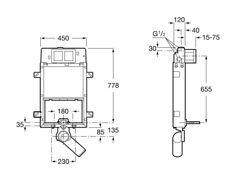 Medidas del mecanismo de descarga para inodoro suspendido (Sistema DUPLO) BASIC WC IN WALL - ROCA